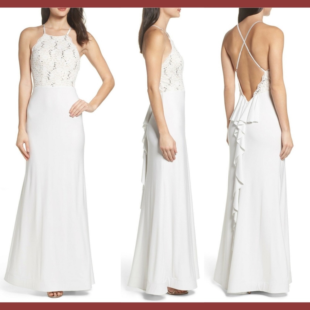 NWT‎ SEQUIN HEARTS Ruffle Back Lace Gown in Ivory/Nude [SZ 11 ]